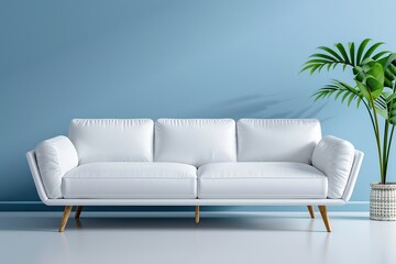 Canvas Print - White sofa on blue wall background with copy space and green plants beside it