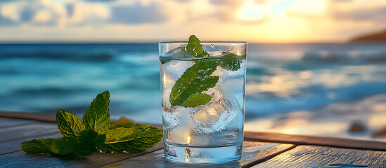 A glass of cool mineral water with mint on a wooden table offering copy space for food and drinks Summer beach scene serves as the backdrop