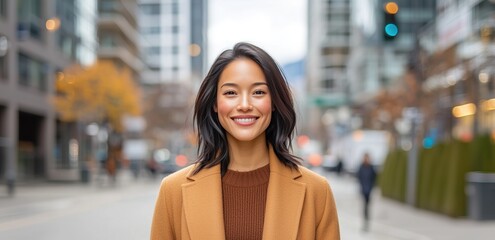 Smiling woman in stylish coat standing on a city street with tall buildings in the background