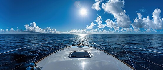 Wall Mural - view from the bow of a luxury yacht, sea horizon with blue sky and clouds.