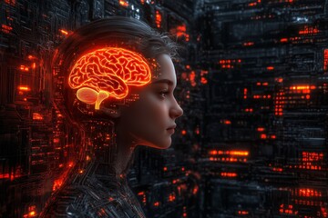 Wall Mural - Female with illuminated brain circuitry in a high tech virtual environment representing neural enhancement artificial intelligence and data flow in futuristic design