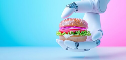 High-tech cafe scene with robot arm making a sandwich, cutting-edge food technology, 3D illustration