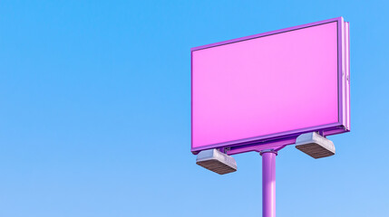 A pink billboard is on a pole in front of a blue sky. The billboard is empty, but the pink color and the blue sky create a sense of calm and serenity