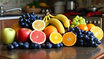 Colorful assortment of fresh fruits on a kitchen table including apples, bananas, oranges, and grapes