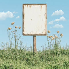 A sign is standing in a field of grass. The sign is white and has no writing on it. The field is full of flowers, creating a peaceful and serene atmosphere