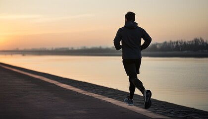 Wall Mural - Morning jogger sprinting along the embankment as dawn breaks, embracing a new day