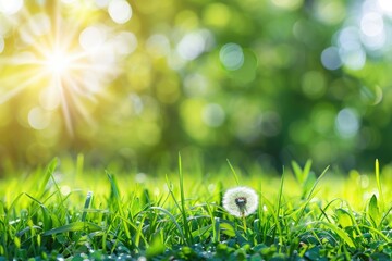 Poster - Spring park with dandelions  green grass  and trees. Tranquil beauty.