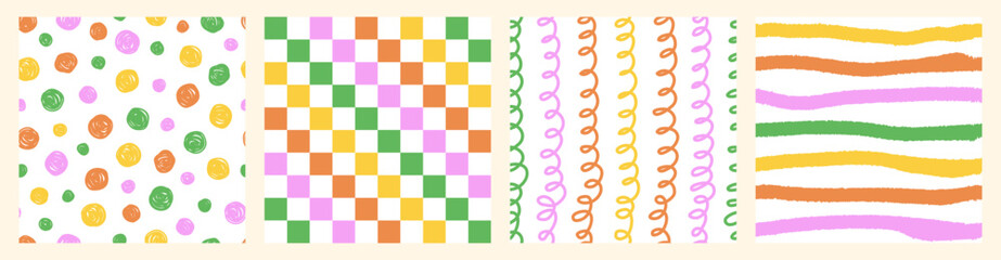 Wall Mural - colorful seamless pattern set of multicolored hand drawn curved checkered, polka dots and strip. tre