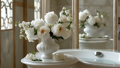 Stylish white vase adorned with fresh flowers in a chic bathroom setting