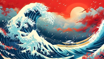 Striking Japanese-inspired illustration featuring stormy sea waves in vibrant red hues adorned with intricate patterns