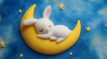 Canvas Print - cute little white rabbit is sleeping on a yellow crescent moon. The background is a blue starry sky