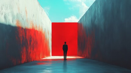 Wall Mural - A man stands in a red room with a white wall