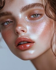 extreme closeup of woman with natural brows, hazel eyes and freckles