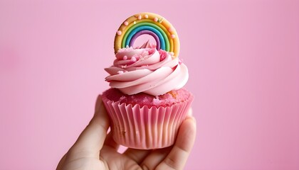 Wall Mural - Delightful pink cupcake with colorful sprinkles held against a charming pink backdrop