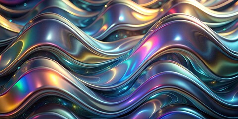 Iridescent metallic wavy abstract background with dark silver holographic texture, showcasing mesmerizing shimmering effects and intriguing futuristic ambiance.