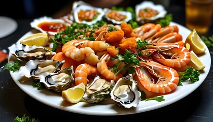 Wall Mural - Fresh seafood platter featuring oysters, shrimp, and zesty cocktail sauce