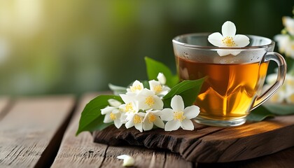 Wall Mural - Jasmine tea resting elegantly on a rustic wooden table