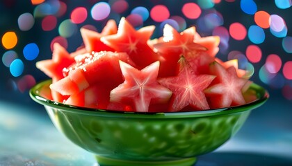 Wall Mural - Vibrant watermelon stars arranged artfully in a green bowl against a softly blurred background