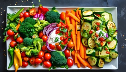 Vibrant vegetable platter featuring carrots, broccoli, peppers, cherry tomatoes, and zucchini paired with a creamy yogurt dip