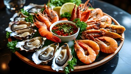 Wall Mural - Fresh seafood platter featuring oysters, shrimp, and zesty cocktail sauce