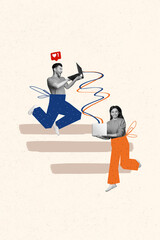 Poster - Vertical photo collage of two happy girl guy jump laptop heart notification blogging social media feedback isolated on painted background