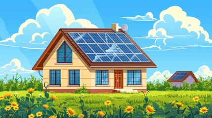 Eco-friendly cartoon vector house with solar cells on the roof producing green energy on a bright day