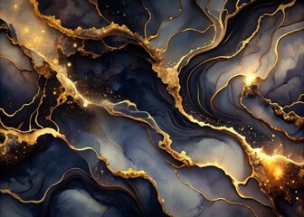 Dark, luxurious fluid wallpaper with mesmerizing gold design paths, created using intricate alcohol ink technique, perfect for print and digital graphic designs.