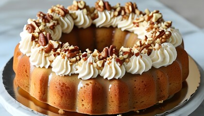 Moist bundt cake drizzled with creamy glaze and sprinkled with chopped walnuts, ideal for any celebration