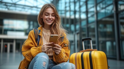 Smiling female traveler sits in an airport terminal using her phone while waiting for her flight, with her luggage by her side, capturing a moment of joy before travel.