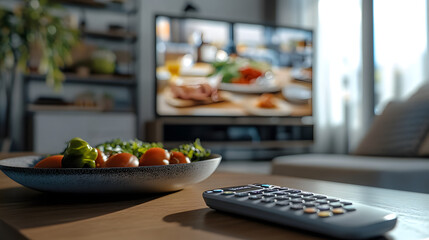 A remote control on a coffee table in front of a TV screen displaying a cooking show.