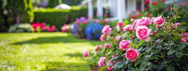 Poster - Beautiful home garden with pink roses and green grass in front of the house