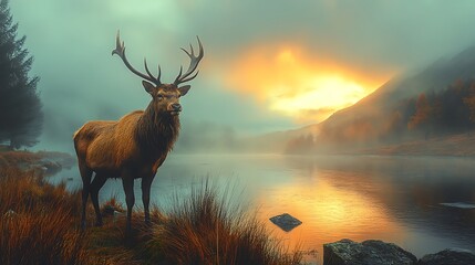 Sticker - Majestic deer standing by a river with a foggy sunrise in the background.