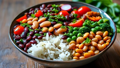 Wall Mural - Nutritious rice and beans bowl loaded with fresh vegetables, rich in protein, fiber, vitamins, and minerals for a wholesome meal