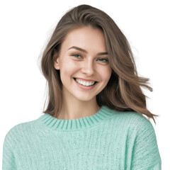 portrait of a smiling woman wearing mint green sweater isolated on transparent background