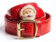 © Sirinporn - A festive holiday accessory, a shiny red Santa Claus patterned leather belt with a shiny gold buckle, lies