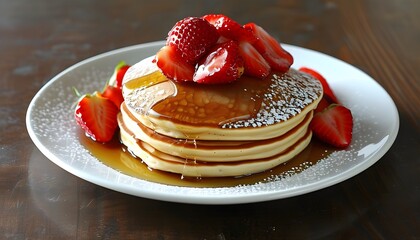 Poster - Decadent fluffy pancakes adorned with fresh strawberries and a luscious maple syrup drizzle, ideal for a sweet breakfast or brunch indulgence