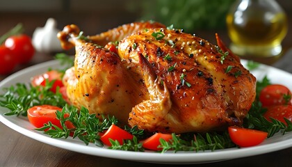 Wall Mural - Mouthwatering roasted chicken seasoned with a delightful blend of herbs and spices, showcasing perfection as the ideal meal centerpiece