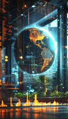 Poster - futuristic cityscape featuring a glowing globe amidst digital data on an urban balcony at night