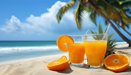 Wall Mural - Tropical beach scene with refreshing orange juice glasses and vibrant orange slices, surrounded by swaying palm trees and golden sands.