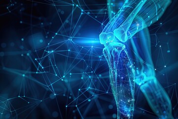 Wall Mural - Abstract digital background with a blue light and a human knee joint, a medical technology concept.