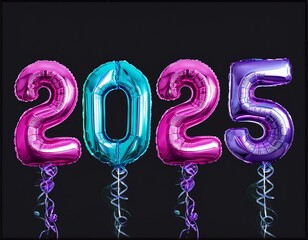 2025 metallic balloons new year number numbers pink aqua turquoise purple metallic colors isolated black background 