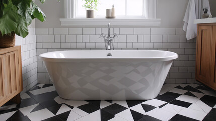 a modern bathroom with bold black-and-white geometric floor tiles, minimalist fixtures, and a freest