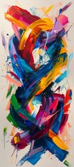 Poster - Vibrant abstract painting with bold colors and dynamic brush strokes on a large canvas