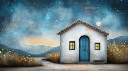 Wall Mural - In the mountain region, a calm night with a clear sky, bright stars, and the moon above a white house with a blue door, showcasing abstract creativity with harmonious color patterns.