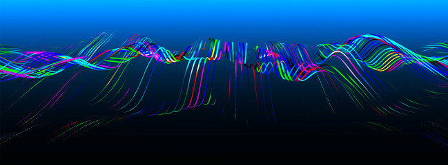 Wall Mural - Futuristic rainbow particle wave. Abstract technology background. Big data visualization. 3d rendering.