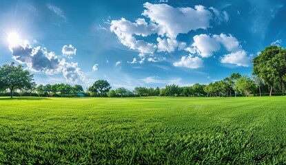 Sticker - Beautiful green meadow with blue sky and clouds.