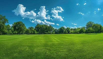 Poster - Beautiful green meadow with blue sky and clouds.