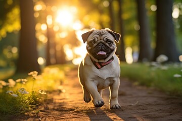 Poster - Pug walks in the summer park mammal animal dog.