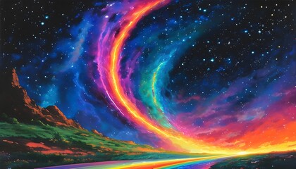 Wall Mural - Cosmic Wheel Orchestrating Star Dance with Retro-Futuristic Rainbow Sparks in a Playful Caricature Style