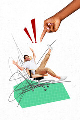 Poster - Vertical poster collage young man employee office worker clerk drawing doodles bullying arm finger gesture pointing checkered background